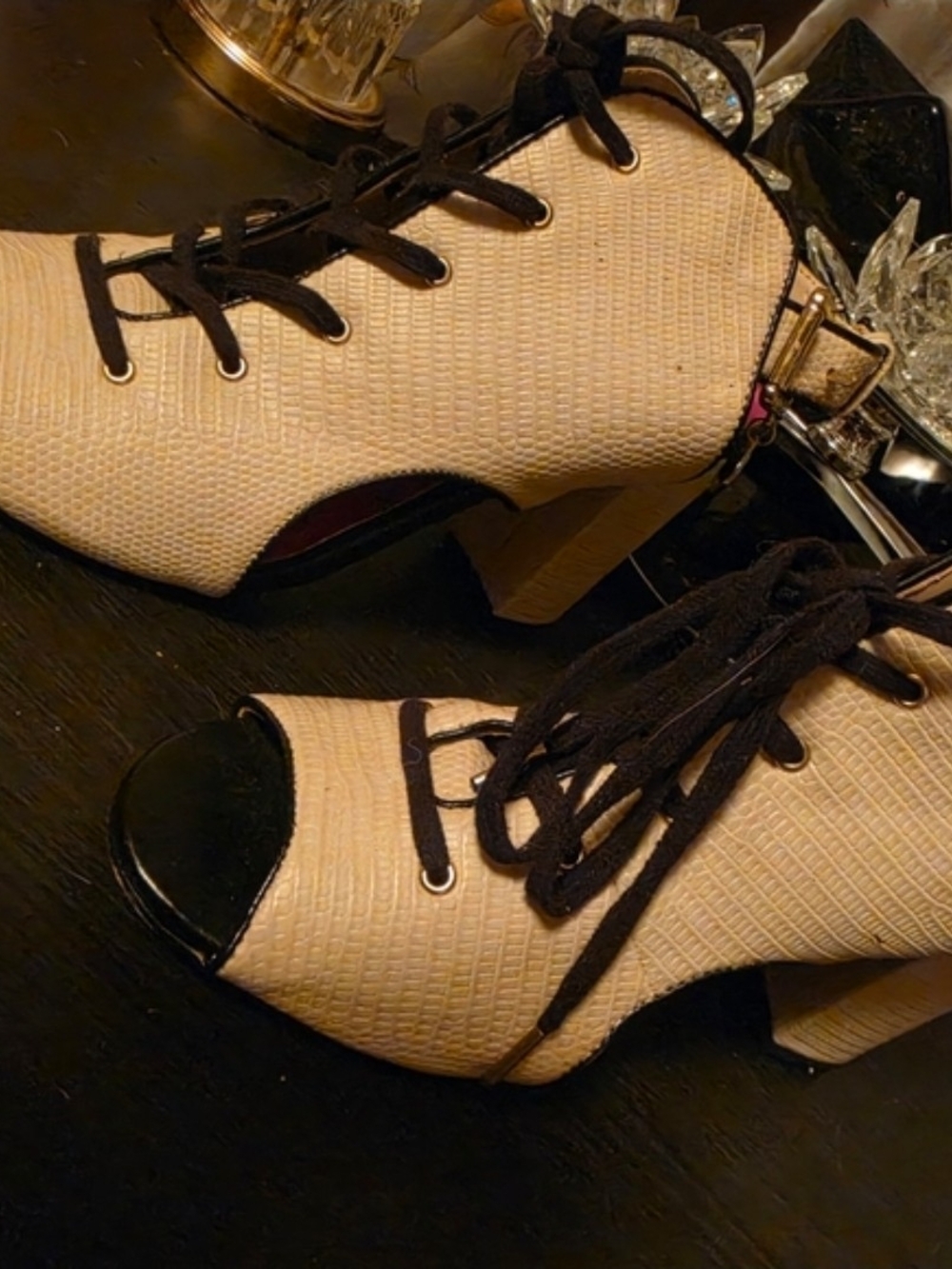 Juicy Couture Beige and Black Lace-Up Peep-Toe Boots